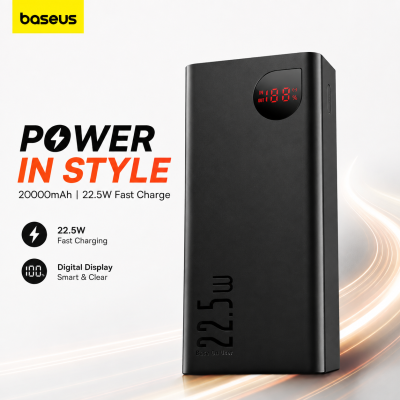 Baseus Adaman 20000mAh 22.5W Metal Power Bank – Fast Charging Portable Charger with Digital LED Display, Triple Ports & Aluminum Alloy Body (Black)